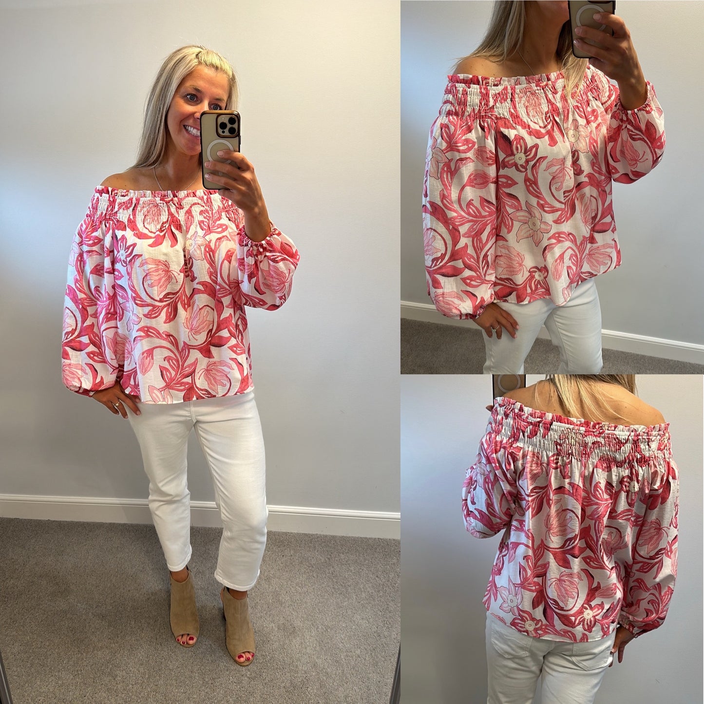 H&M pink floral off shoulder top size L would fit upto size 18