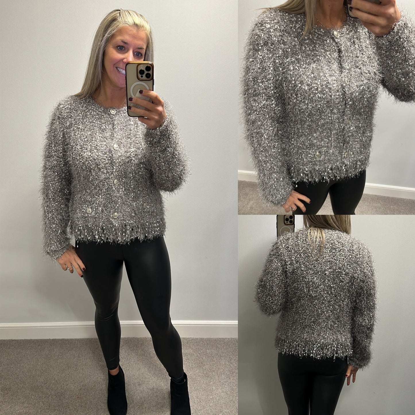 Lipsy grey fluffy shimmer knit jumper / cardigan size 16