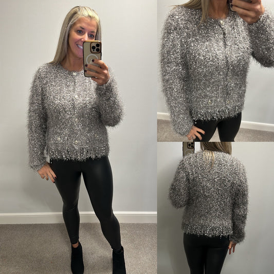 Lipsy grey fluffy shimmer knit jumper / cardigan size 16