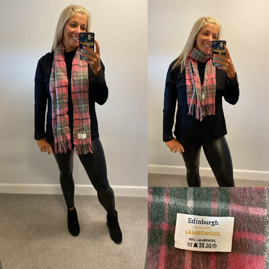 “Edinburgh” pink tartan lambs wool scarf