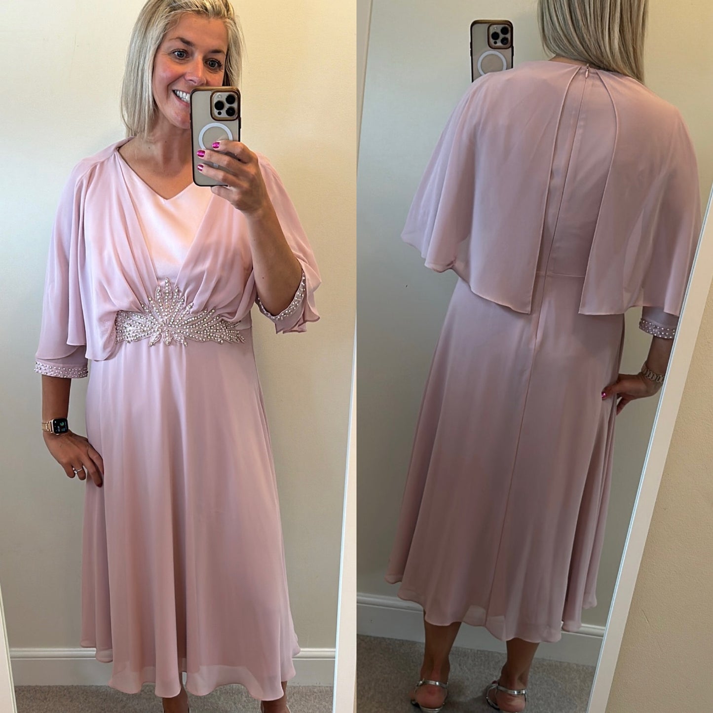 Lizabella blush pink cape embellished dress size 14