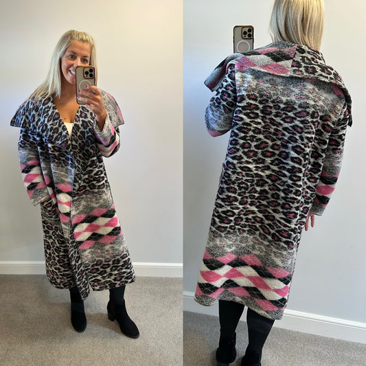 Black / grey / pink print cardigan one size fitting upto size 20