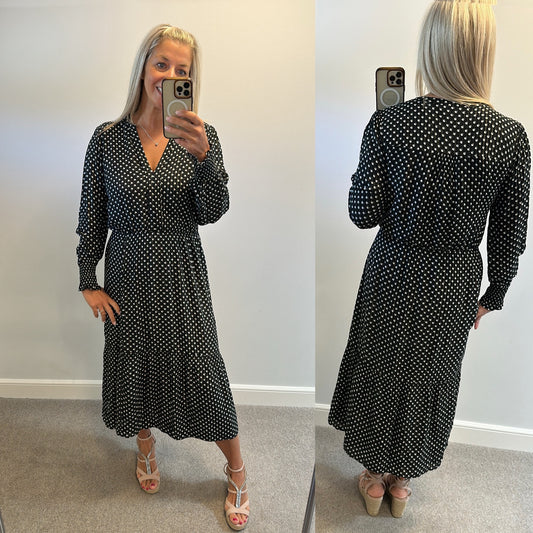 Oasis black spotted dress with gold shimmer size 14