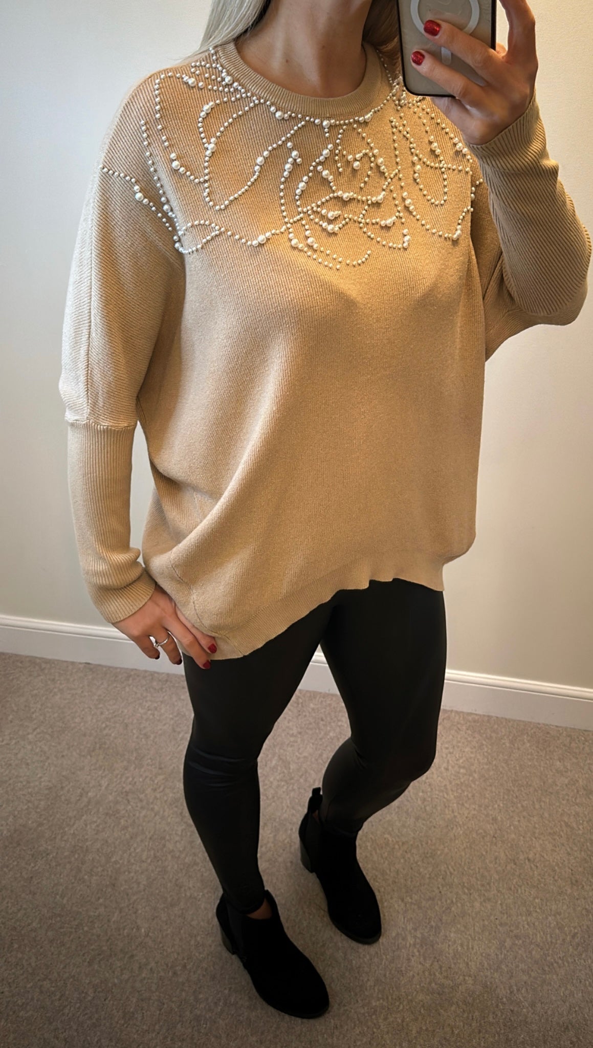 New collection beige pearl jumper one size upto size 18