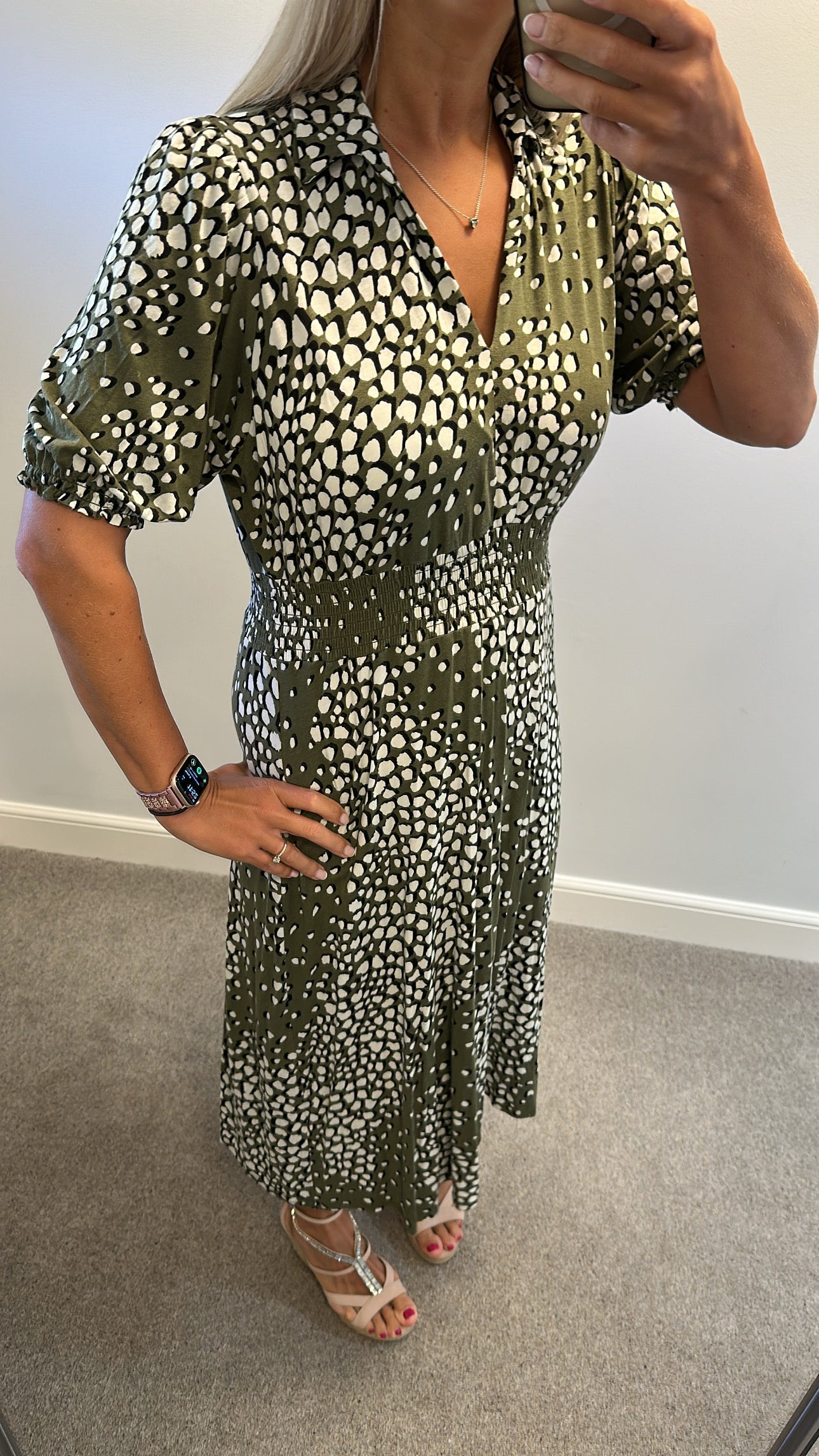 M&Co khaki green spotted midi dress size 18 petite