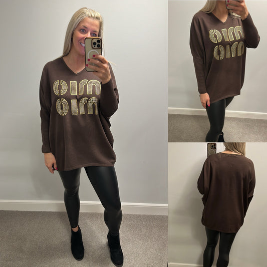 Voyelles brown knit mio mio jumper one size fitting upto size 22 brand new with tags