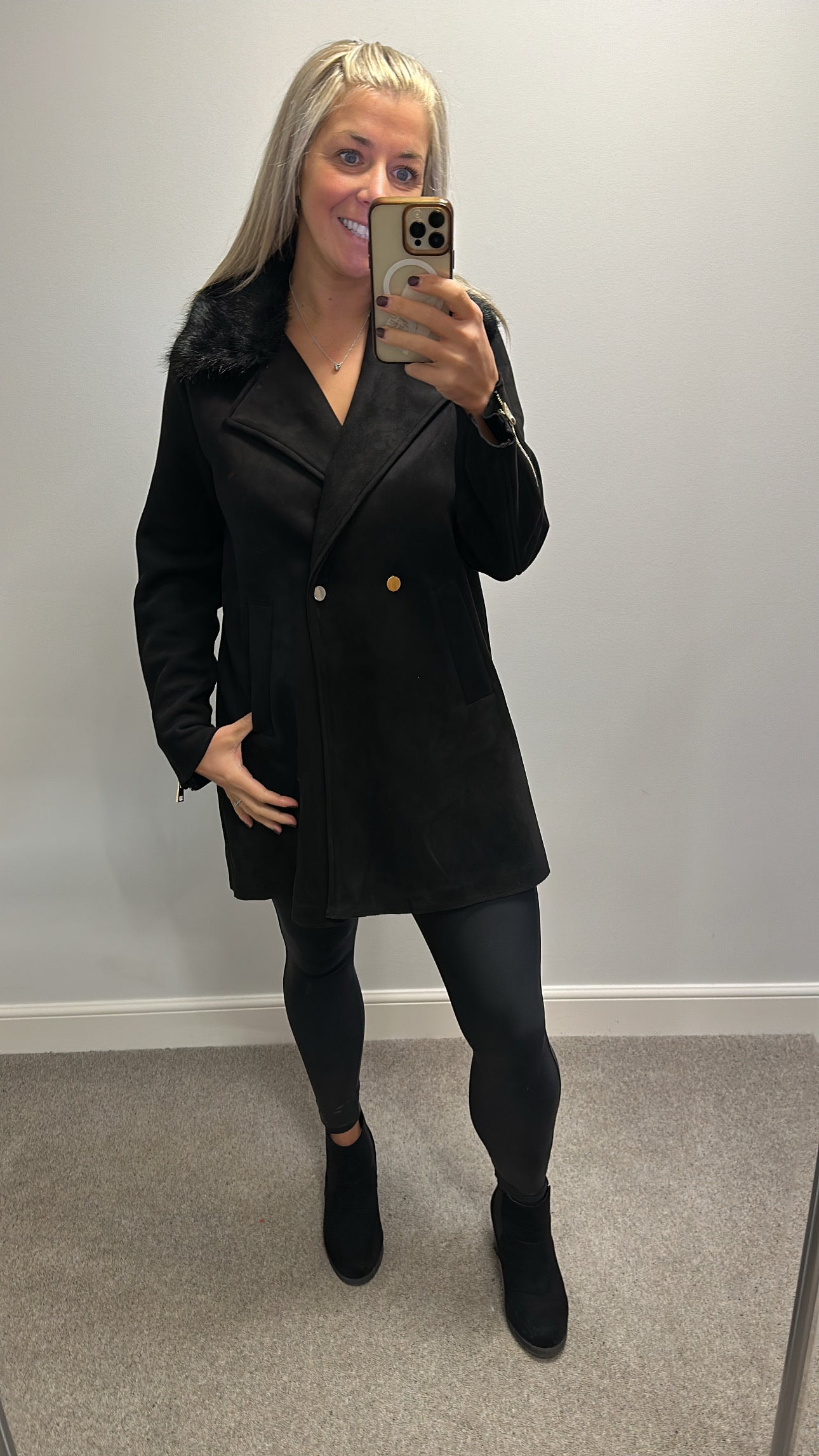 River island black suede style jacket with fur trim collar size 14