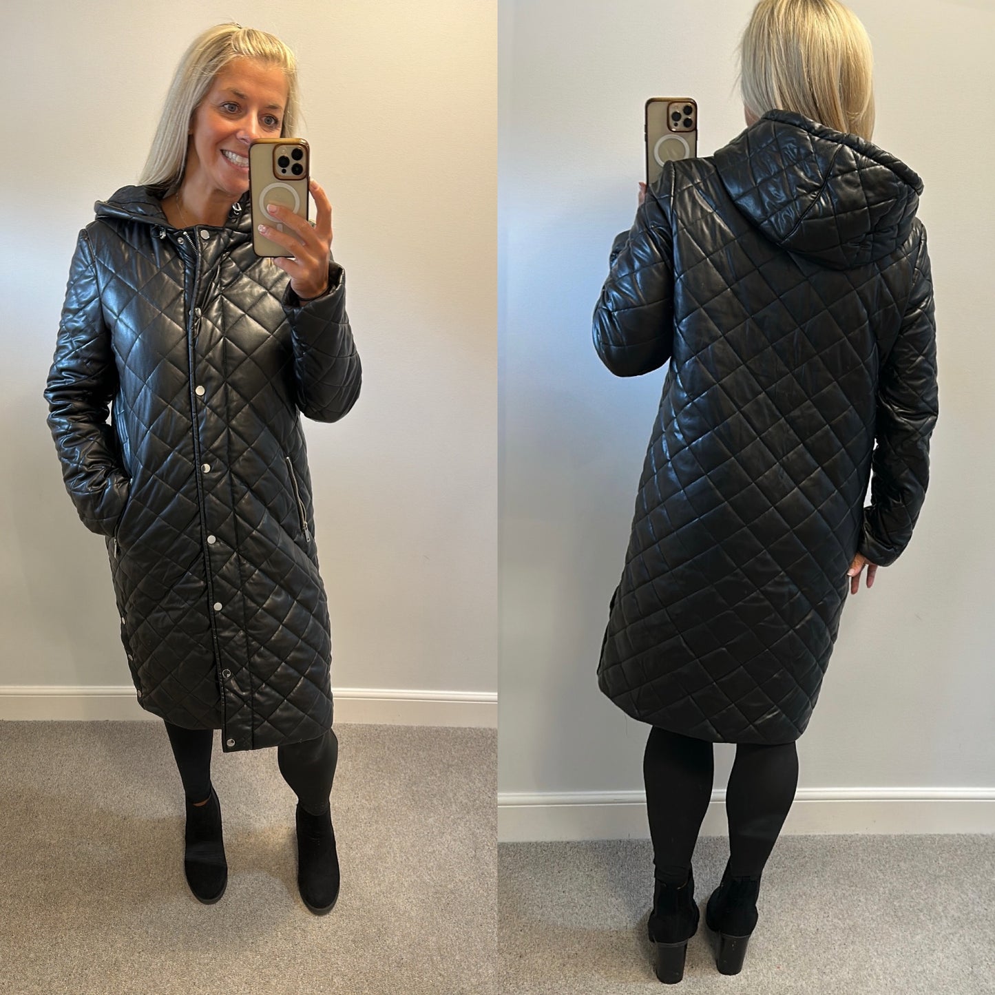 Very black long line padded jacket size 10
