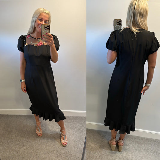 Black embroidered mesh midi dress with puff sleeves one size fitting upto size 16