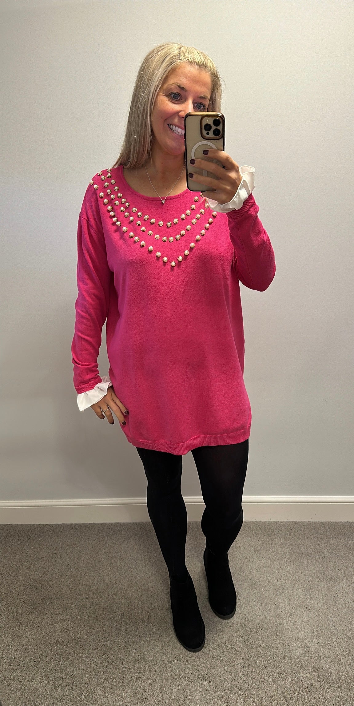 Laetitia Mem pink knit top with pearl v-neck embellishments and white ruffled cuff details one size fitting upto size 18