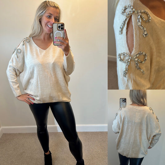 Enzoria cream embellished bow cold shoulder jumper One size upto size 20 Brand new with tags