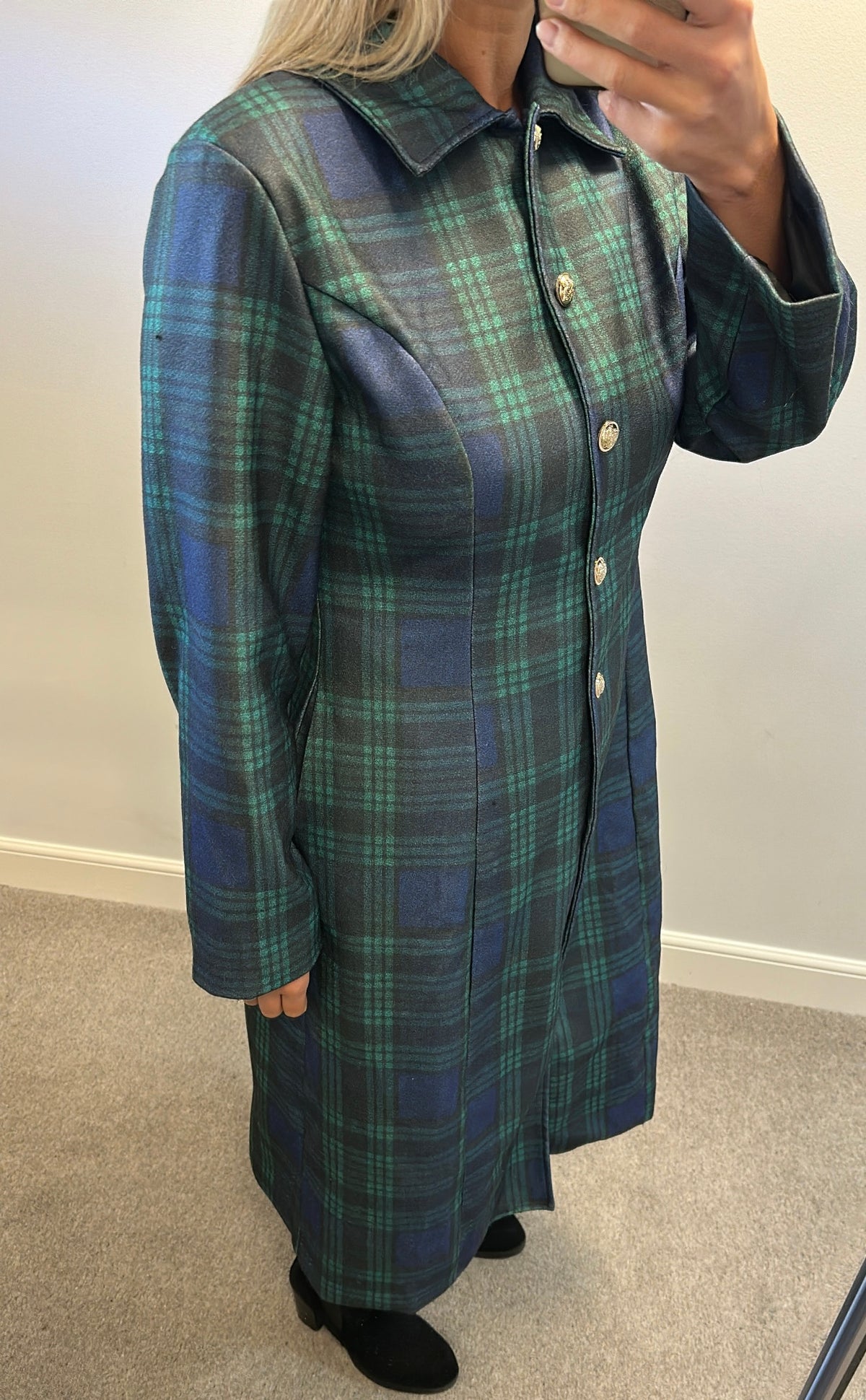 Green tartan check long coat would fit upto size 14