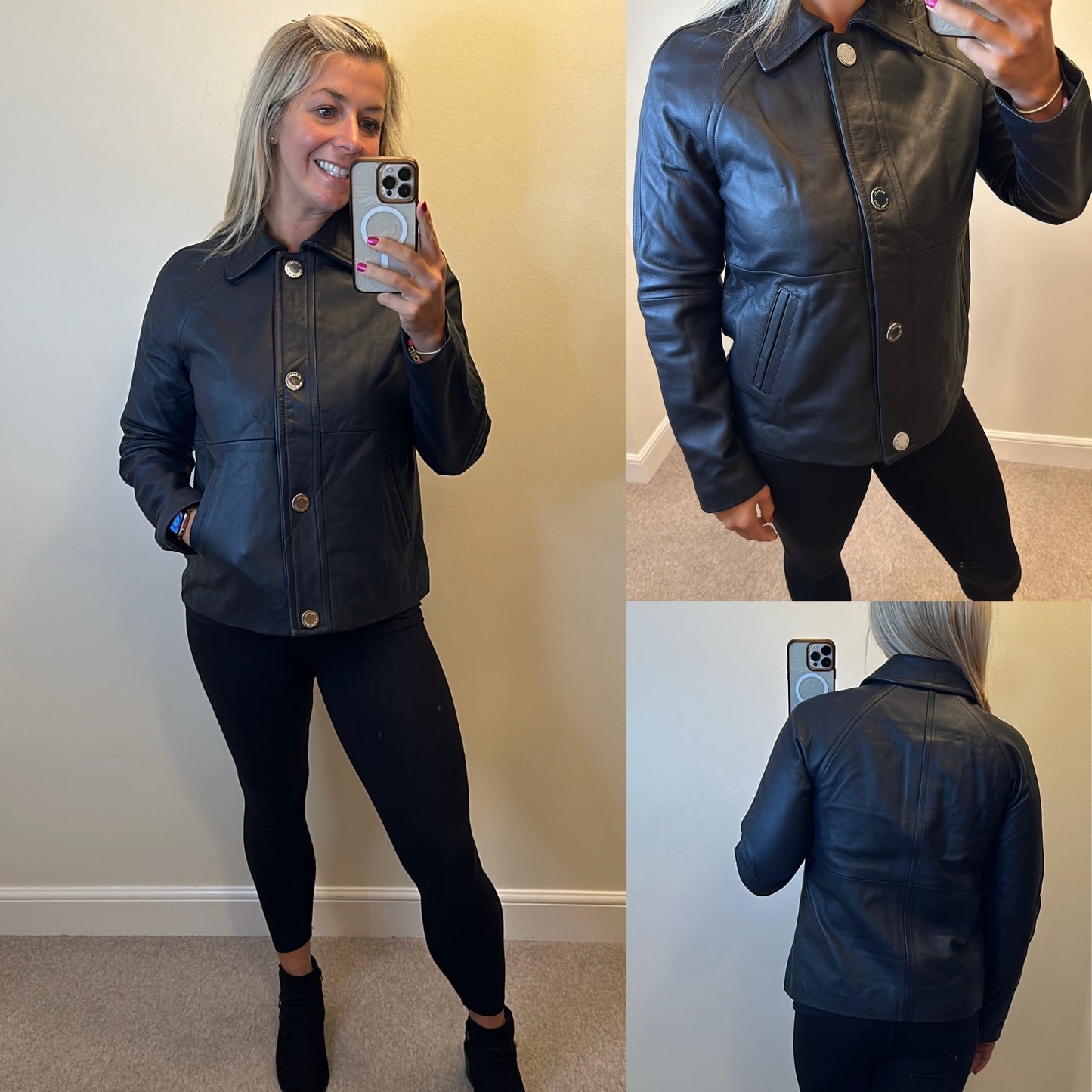 Michael Kors navy leather jacket size M fit upto size 14