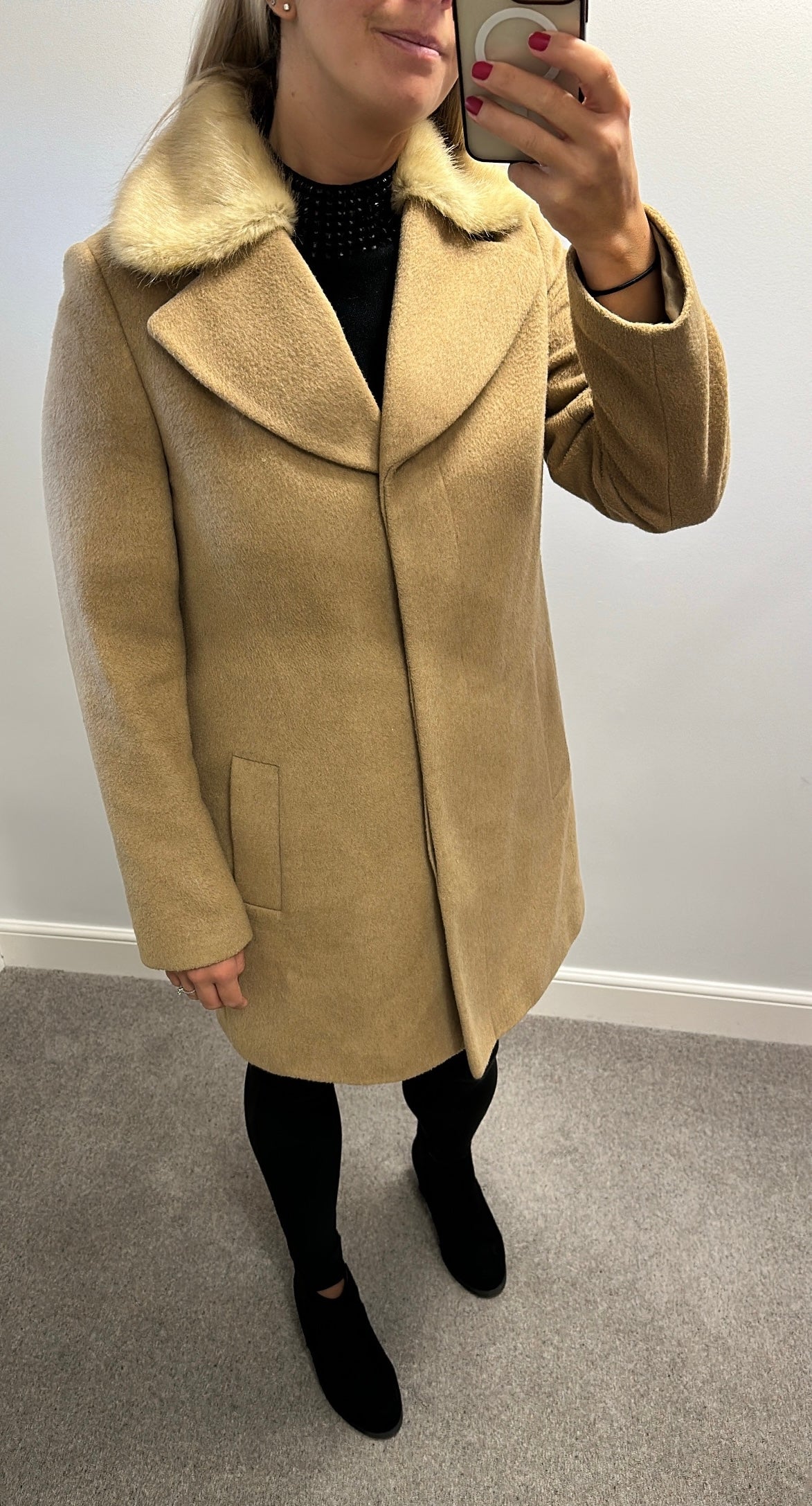 John Lewis tan wool jacket with removable faux fur collar size 10