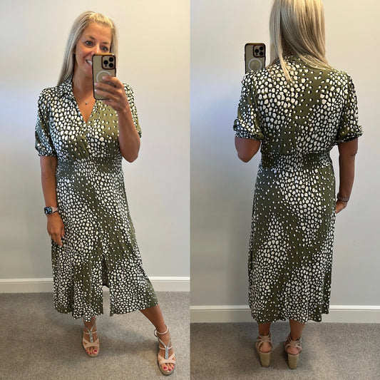 M&Co khaki green spotted midi dress size 18 petite