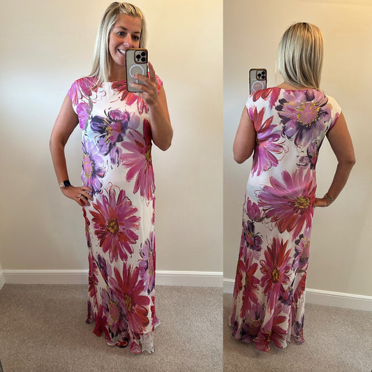 Floral silk dress would fit upto size 16