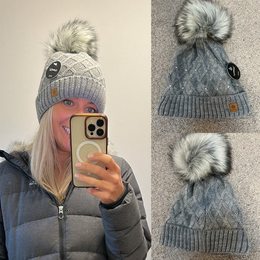 “Woolk” grey embellished embellished Pom Pom faux fur hat brand new with tags