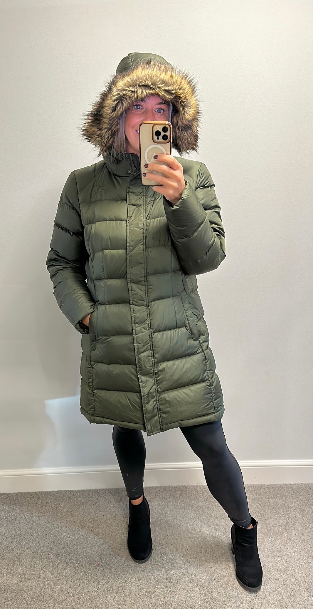 North face khaki 550 long quilted jacket size XL would fit upto size 16