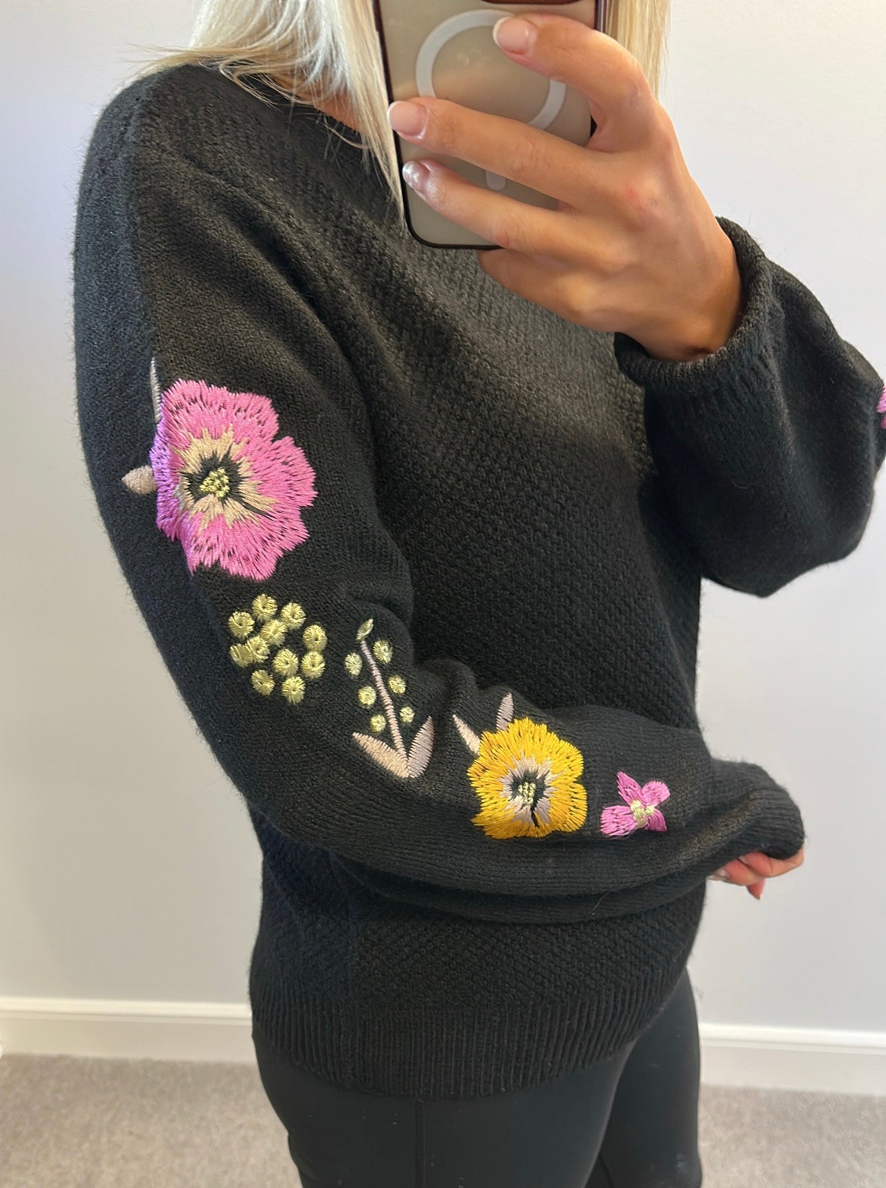 Monsoon black floral embroidered knit jumper size M would fit upto size 14