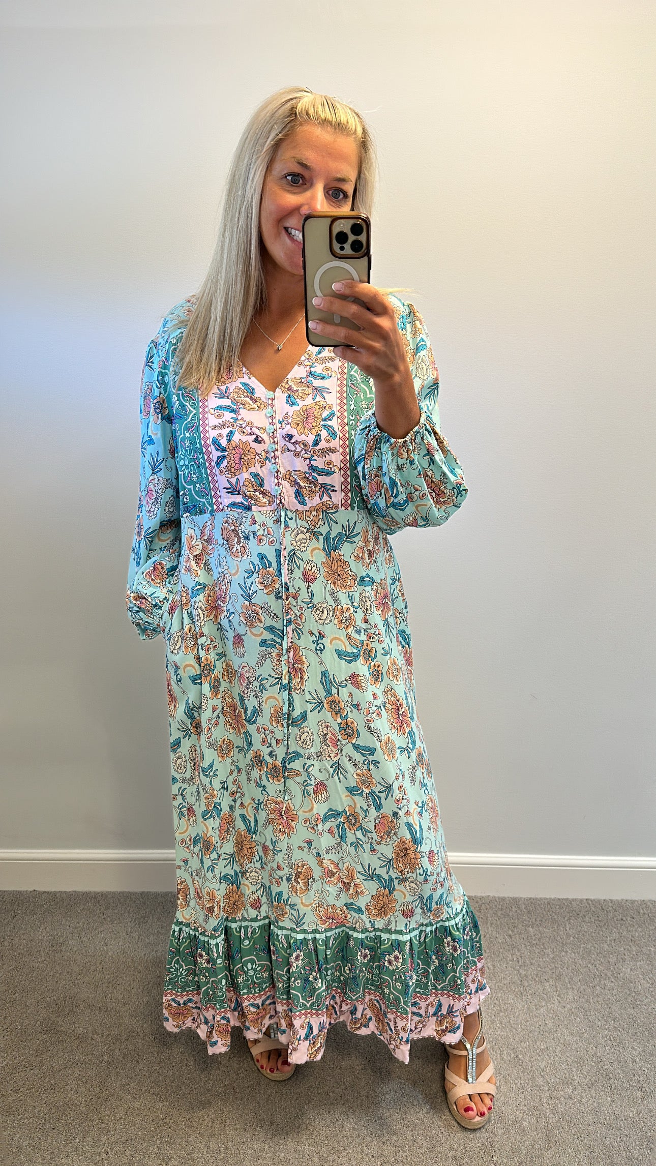 Izabel London turquoise and pink floral print dress with pockets size 16