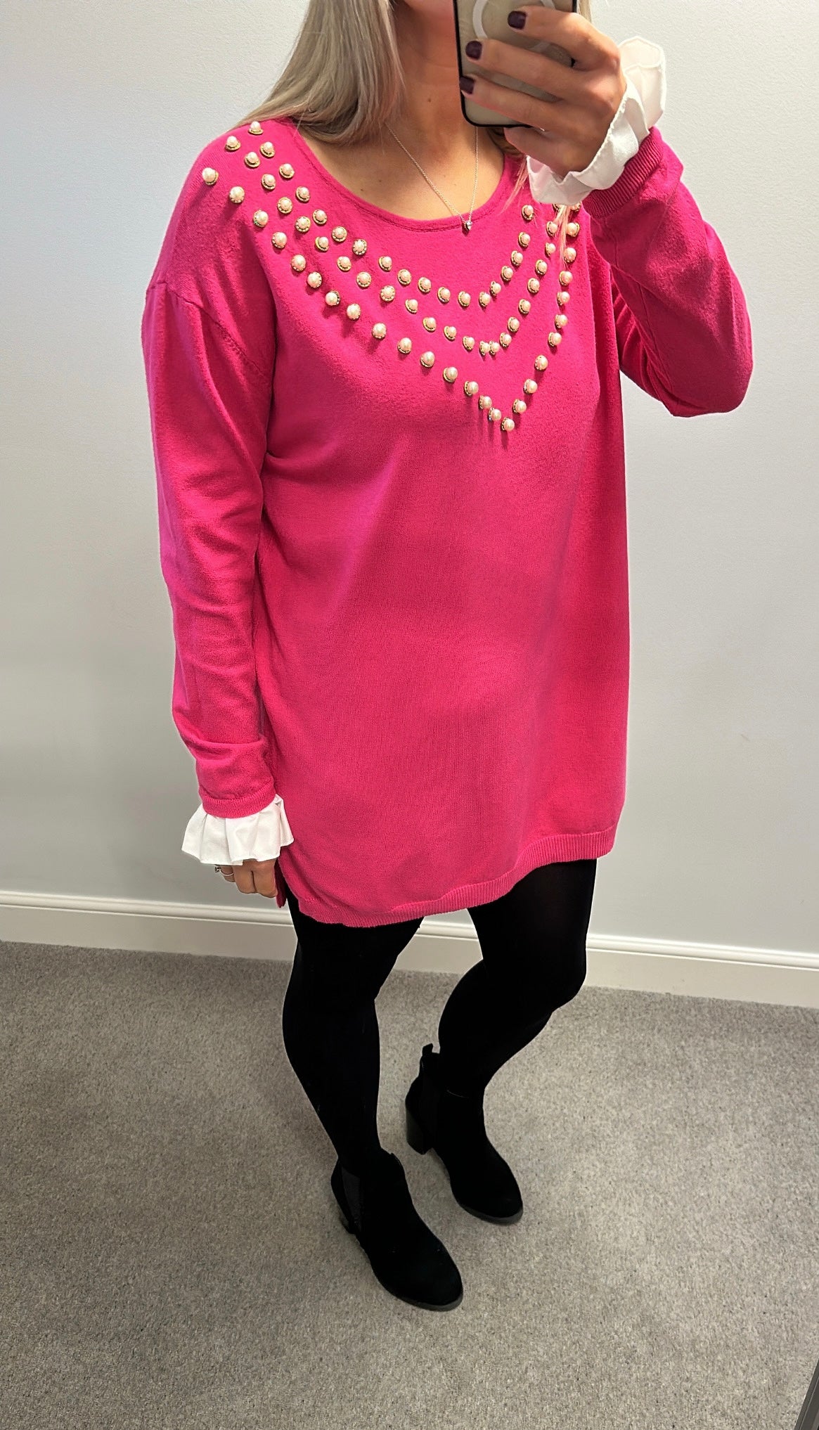 Laetitia Mem pink knit top with pearl v-neck embellishments and white ruffled cuff details one size fitting upto size 18