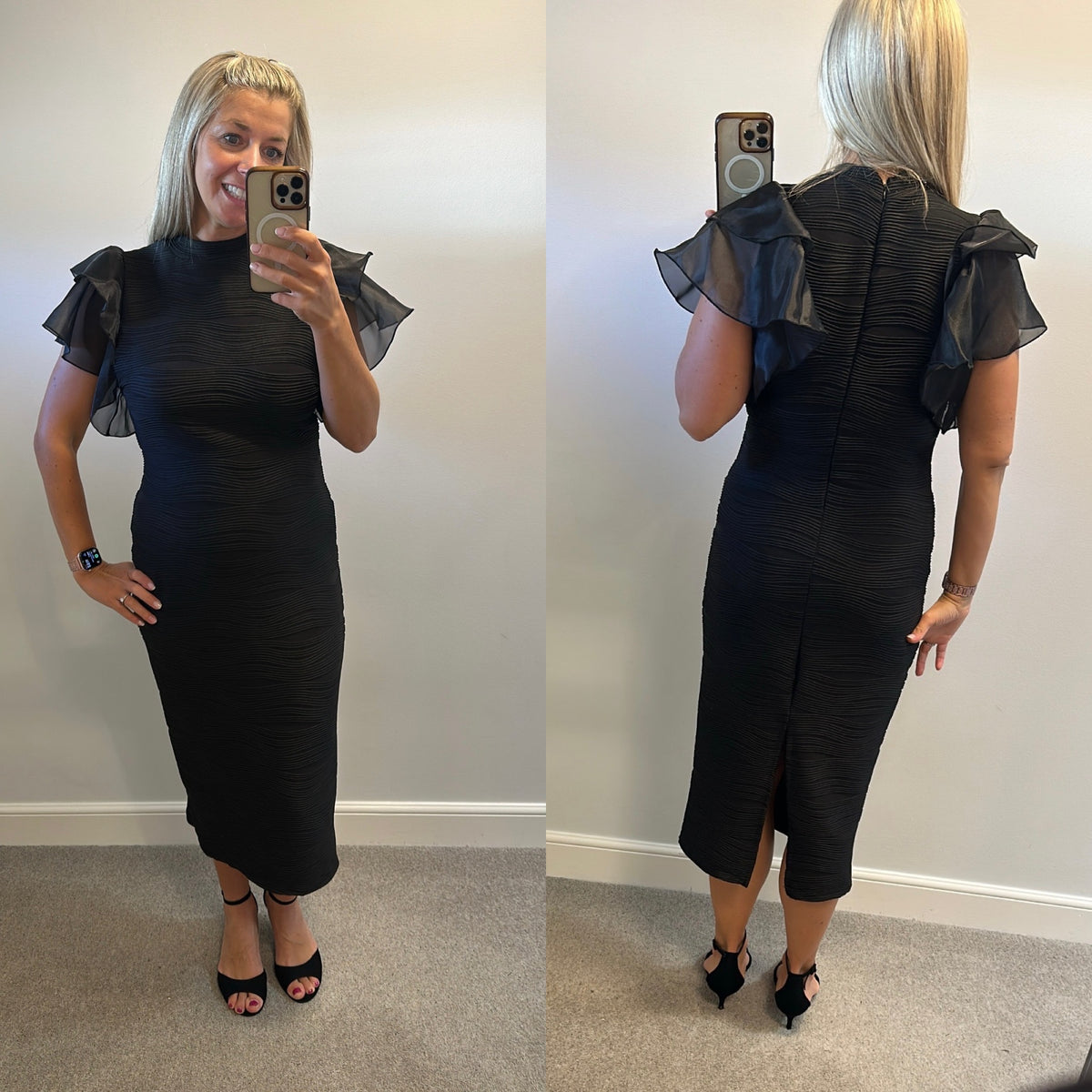 Black ribbed dress with puff sleeves would fit upto size 16