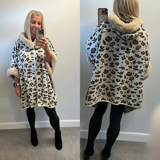 Cream animal print soft faux fur cape