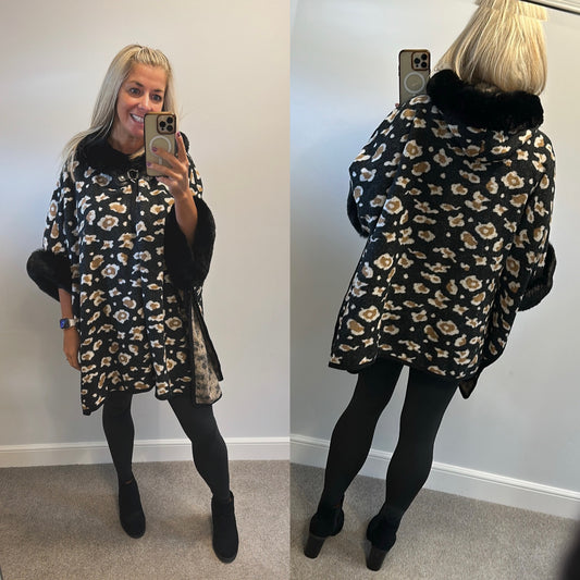 Black animal print soft faux fur cape brand new with tags RRP £45