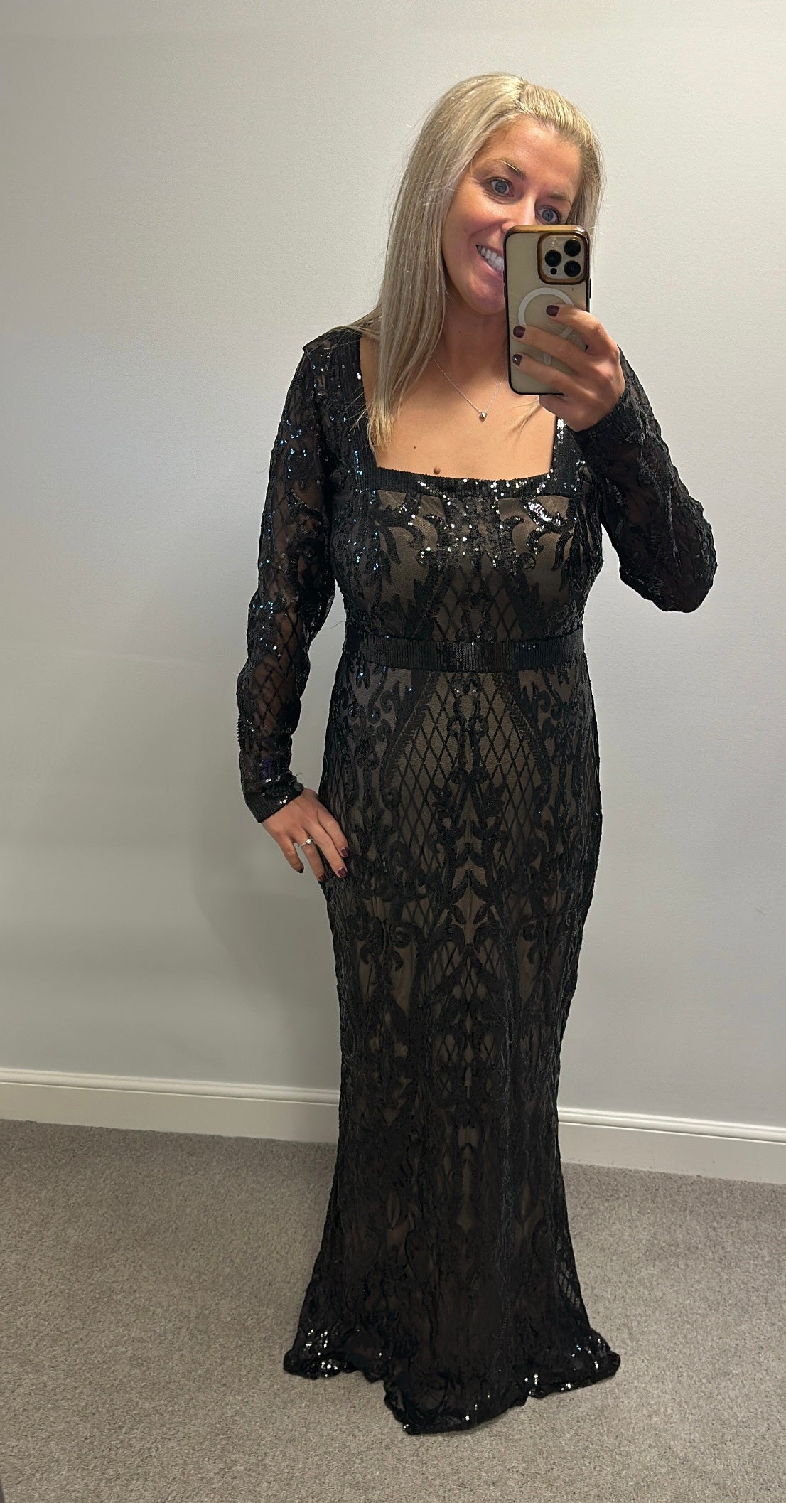 Goddiva long black sequin evening dress with square neck small size 16