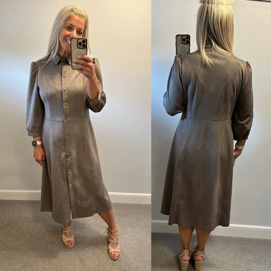 Sosander taupe faux suede midi popper buttons dress brand new without tags size 16