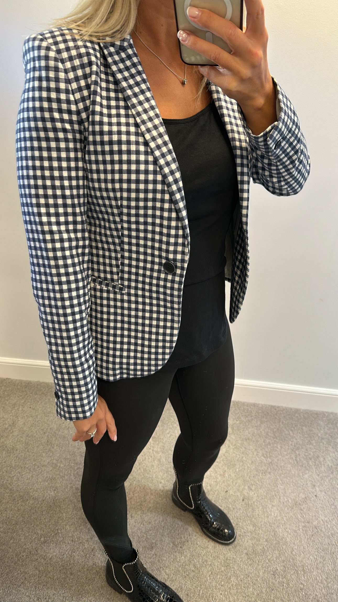 Zara navy checked blazer size M would fit upto size small 12