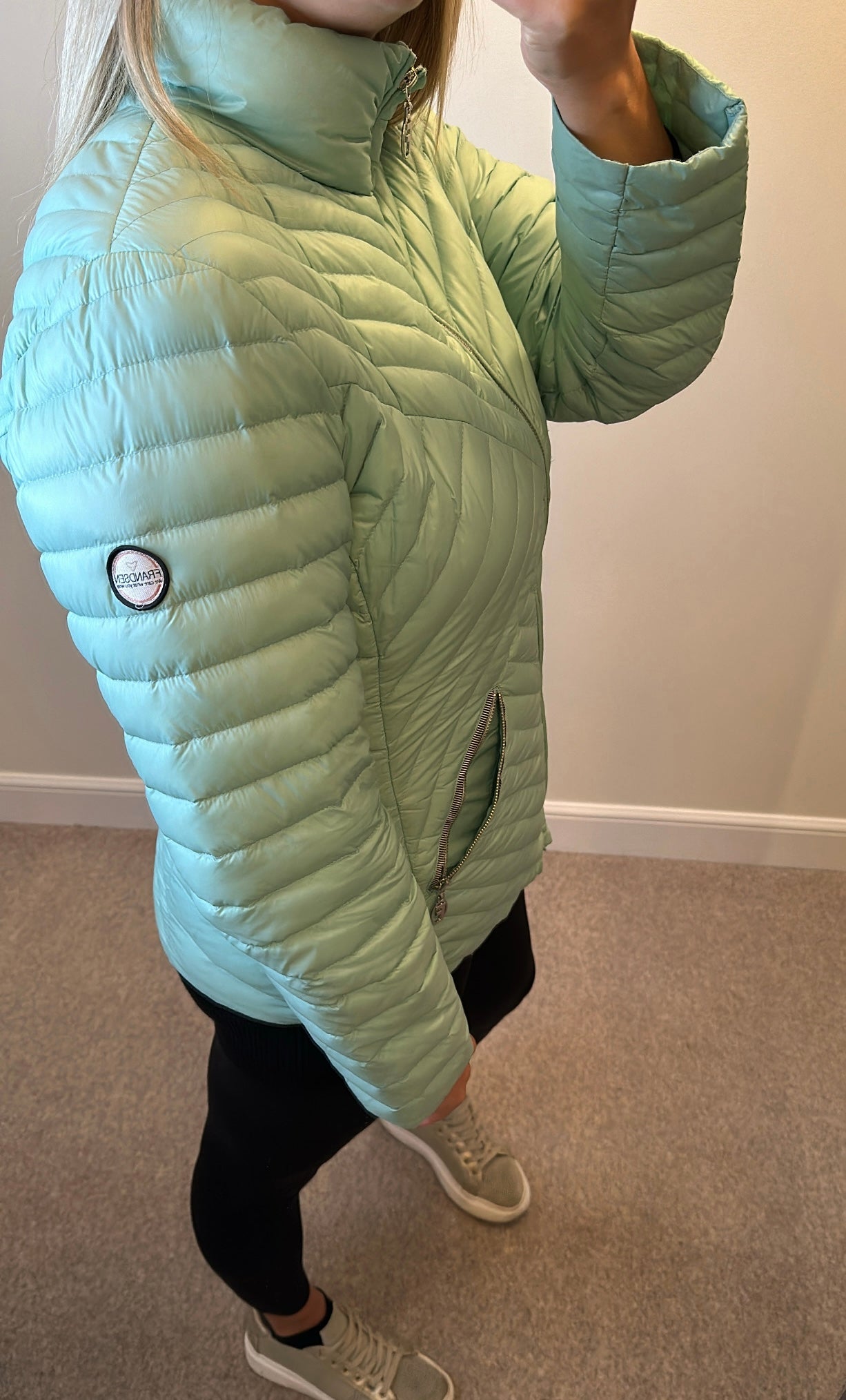 Frandsen real down feather mint green quilted jacket size 12