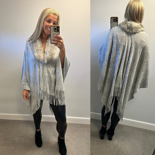 W collection Grey faux fur trim poncho / wrap / shawl one size fitting upto size 20+ brand new without tags