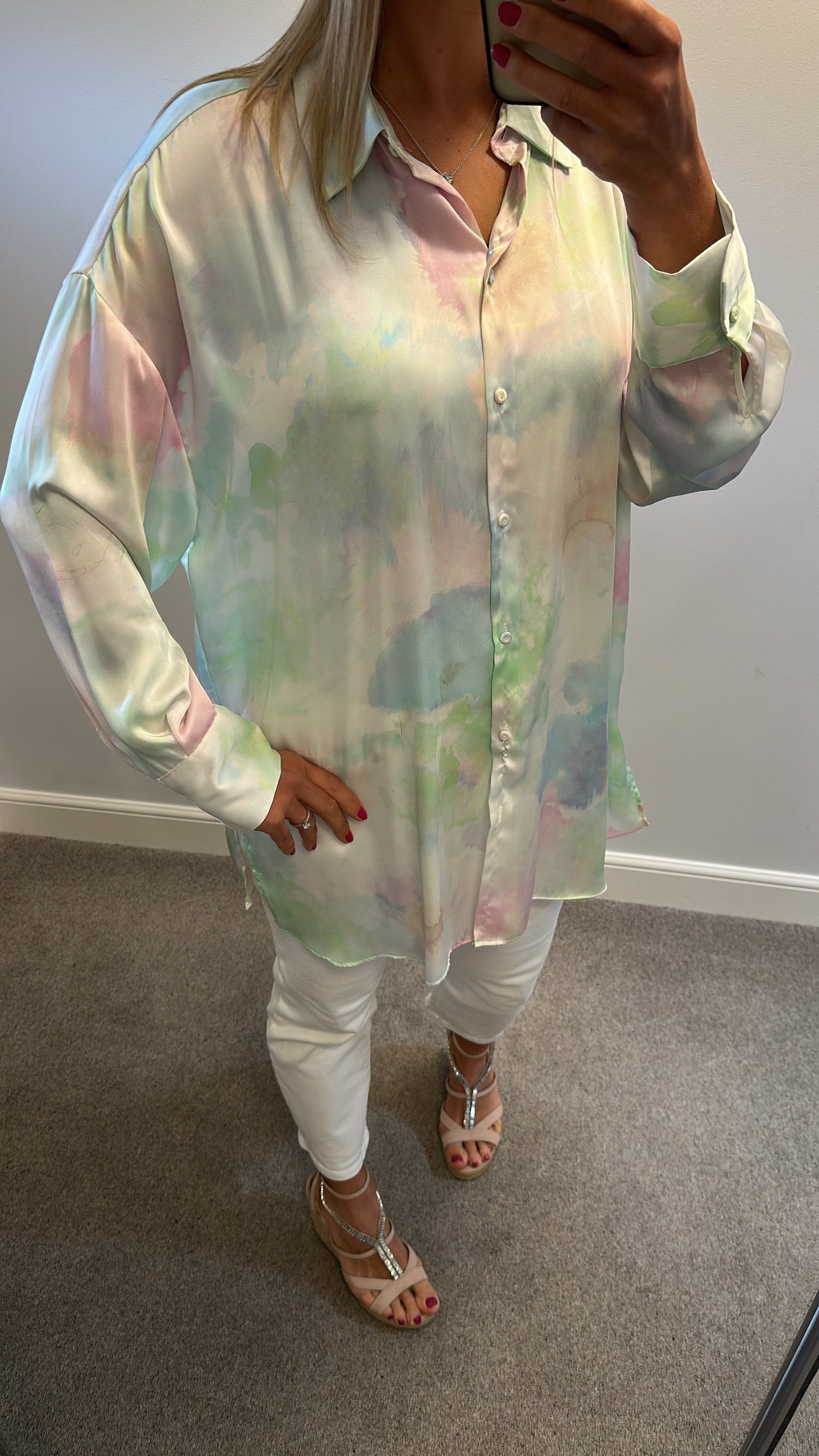 Pastel coloured silk style shirt would fit upto size 18