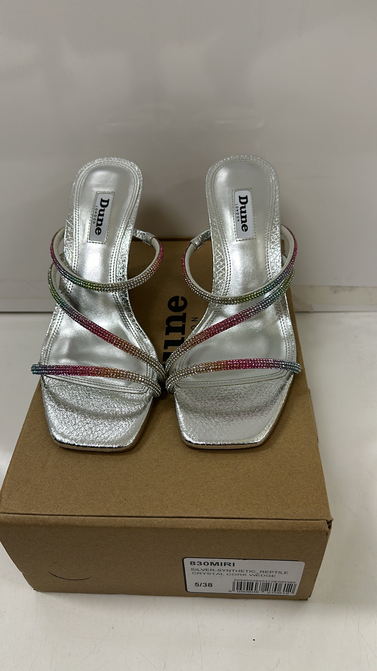 Dune London “Miri” silver Diamante Cork Wedge Sandals UK 5 brand new in box