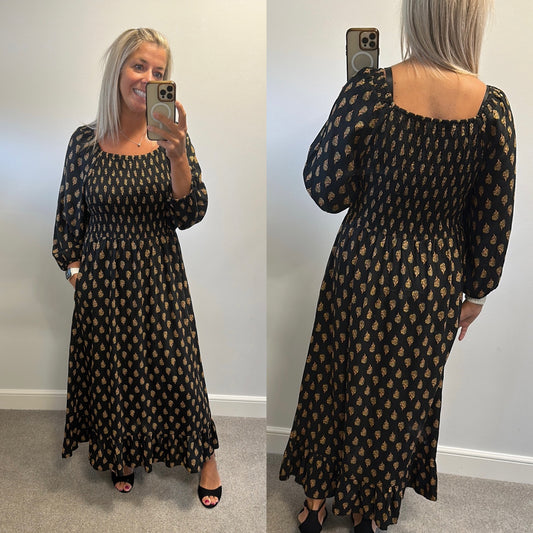 Fat face black print dress size 16