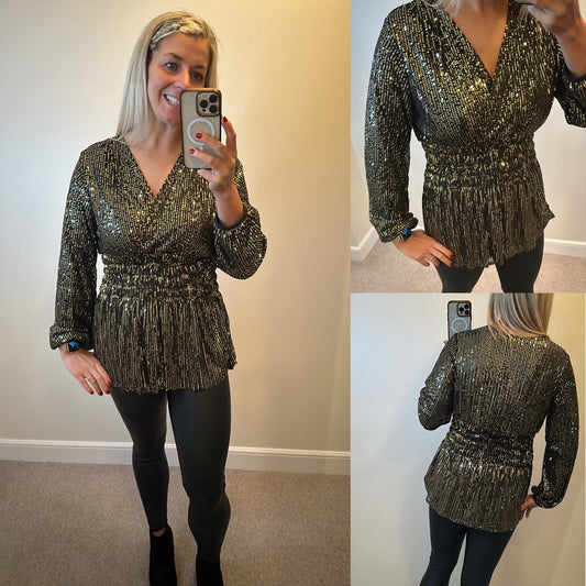 Zanca Sonne Black and gold sequin top one size fitting upto size 16 brand new with tags