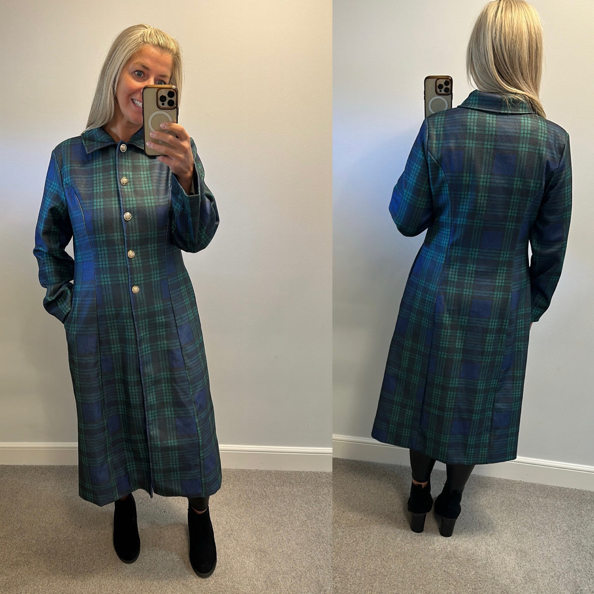 Green tartan check long coat would fit upto size 14