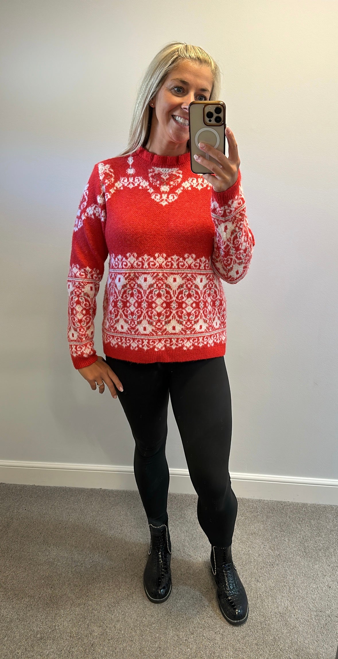 Monsoon red knit jumper size M would fit upto size 14