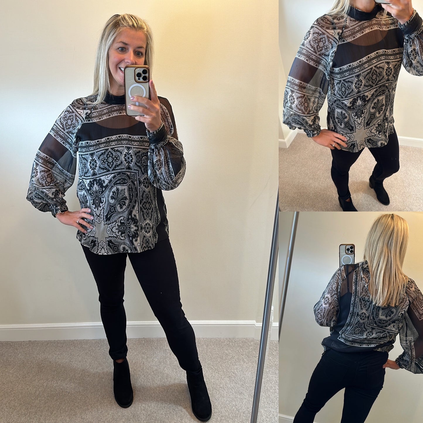 Mango black paisley print blouse would fit upto size 16