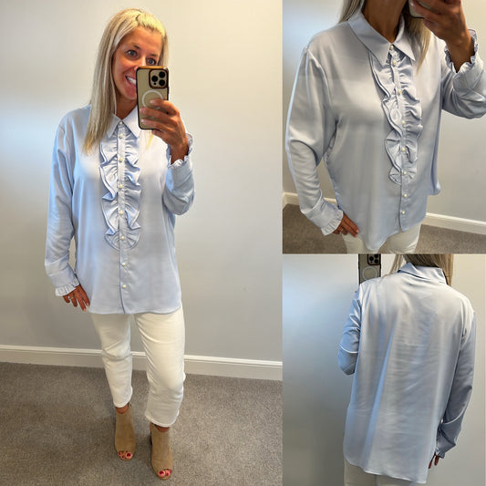 River island baby blue ruffle blouse size 18 brand new with tags
