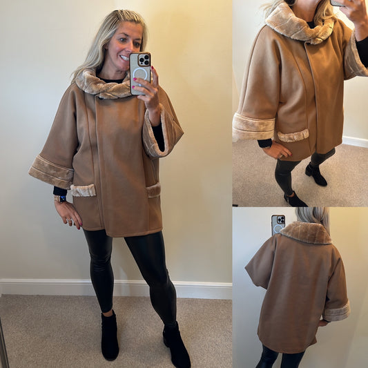 Camel faux fur trim coat / jacket / poncho