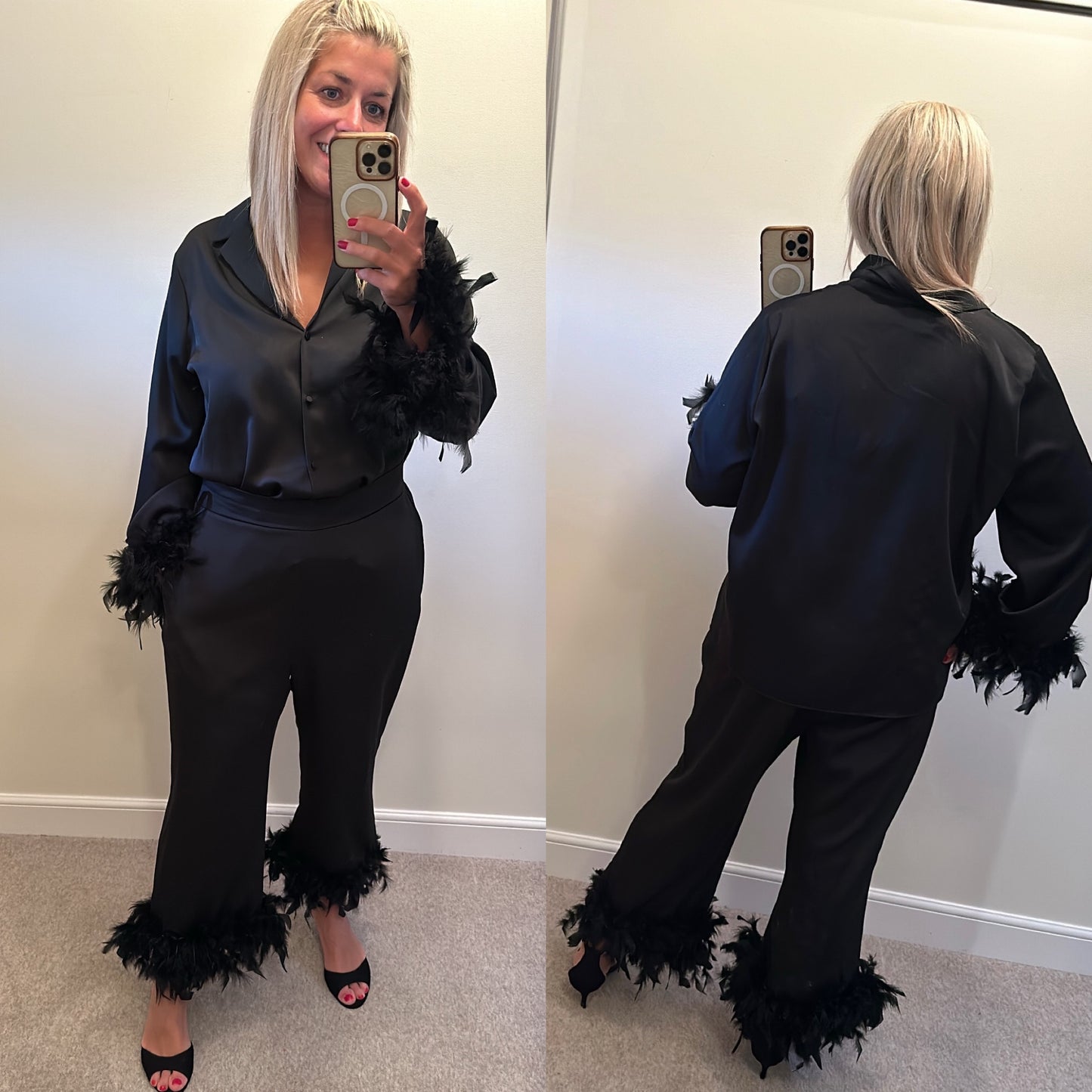 River island black feathered blouse and trousers both size 16 sold as set