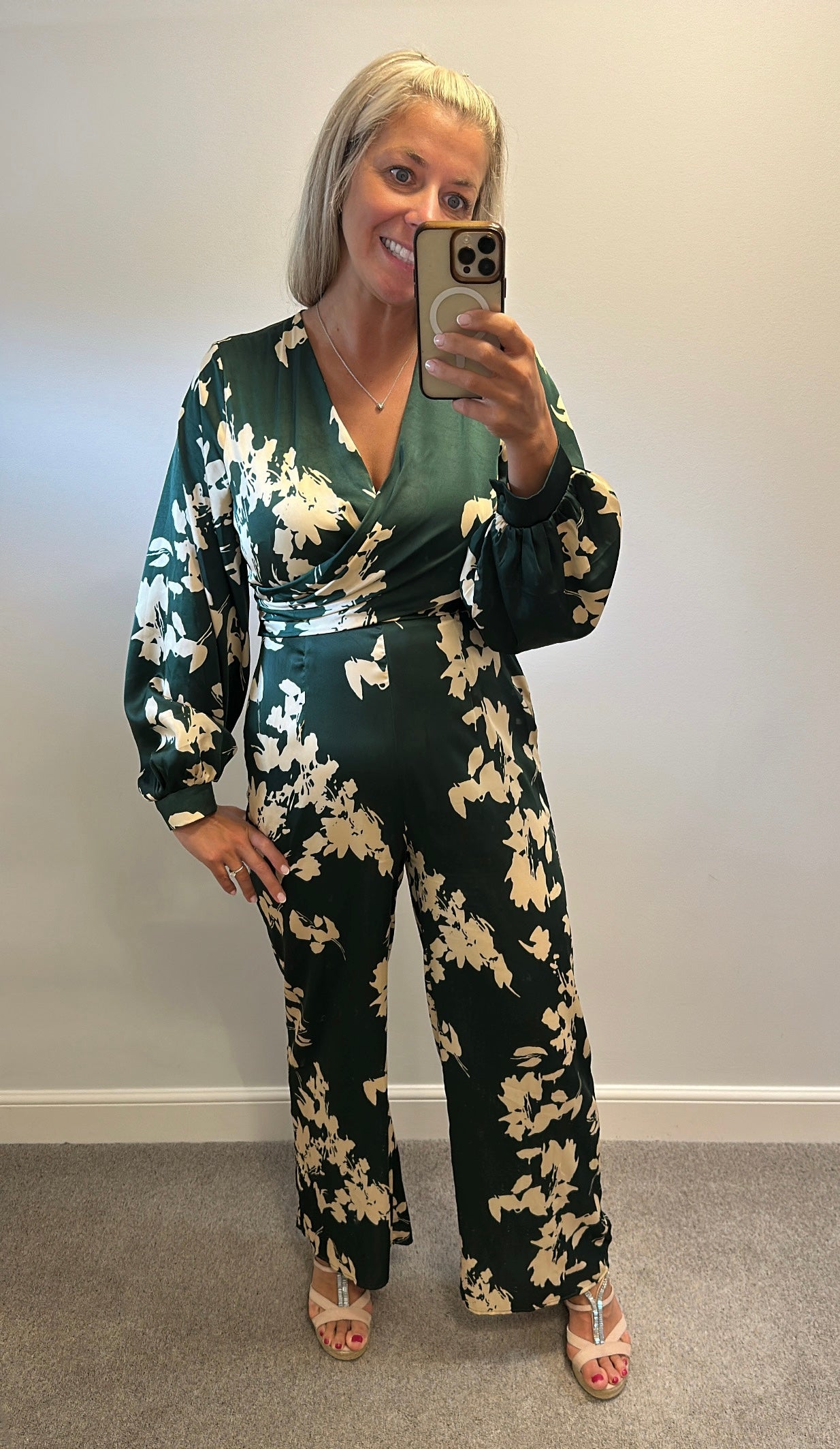 Girl in mind green floral silk style jumpsuit with pockets size 12