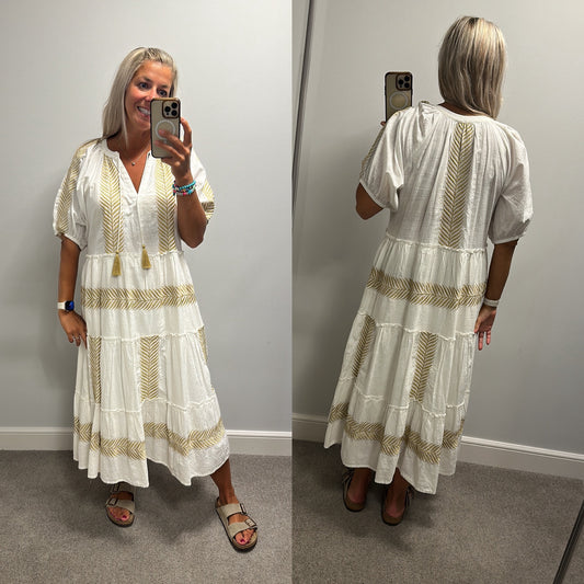 F&F white gold print dress size 14