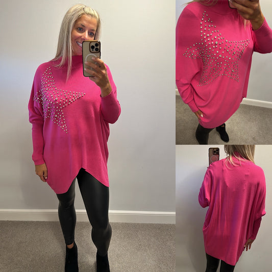 Diverse pink batwing rhinestone star jumper one size fitting upto size 22