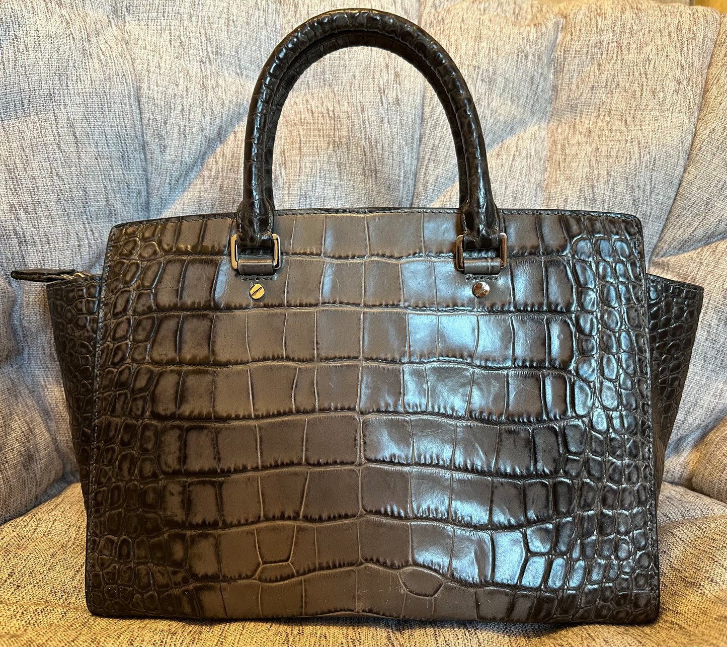 Michael Kors Selma grey Croc Embossed Leather Satchel Handbag.