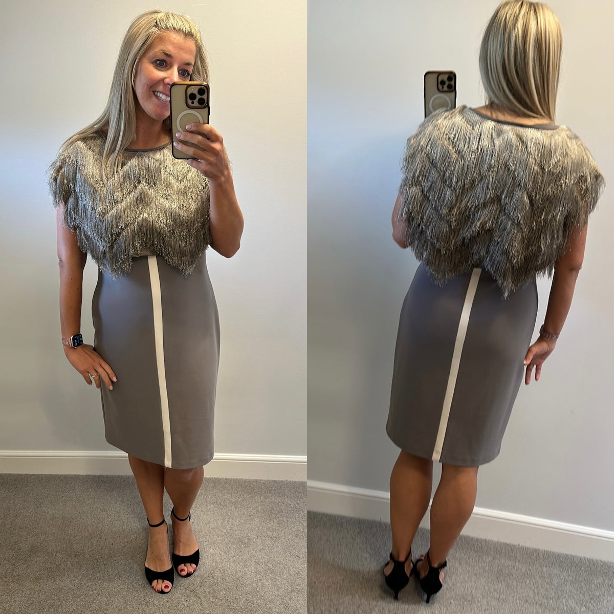 Frank Lyman taupe dress and fringed overlay capelet top size 14