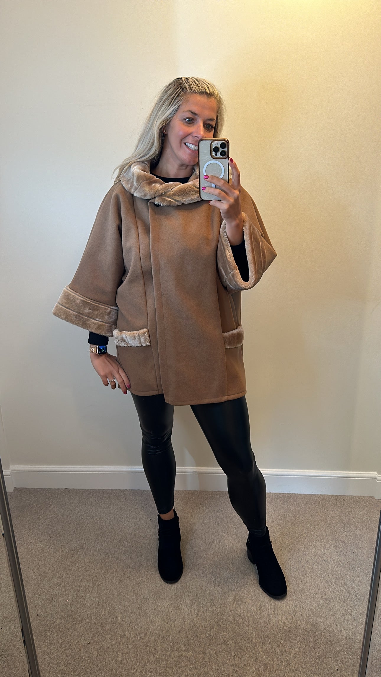 Camel faux fur trim coat / jacket / poncho