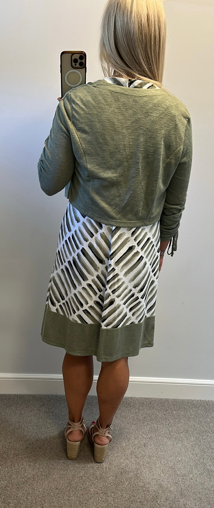 Picadilly khaki green print dress and cardigan size L would fit upto size 16